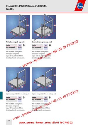 ACCESSOIRES POUR ECHELLES A CRINOLINE 
PALIERS 


800800 
1100 
10001000 
1100 
Petit palier avec garde-corps petit 

Mod&egrave;le Acier 

G 

R&eacute;f. de commande 0054040 

Palier en caillebotis en acier galvanis&eacute;. 
Garde-corps en acier galvanis&eacute;. 
Largeur 800 mm, profondeur 800 mm. 
Convient pour toutes les normes courantes. 


800800 
Suppl&eacute;ment prolongement plate-forme avec garde-corps, petit 

Mod&egrave;le Acier 

G 

R&eacute;f. de commande 0054042 

Palier en caillebotis en acier galvanis&eacute;. 
Garde-corps en acier galvanis&eacute;. 
Largeur 800 mm, profondeur 800 mm. 
Convient pour toutes les normes courantes. 